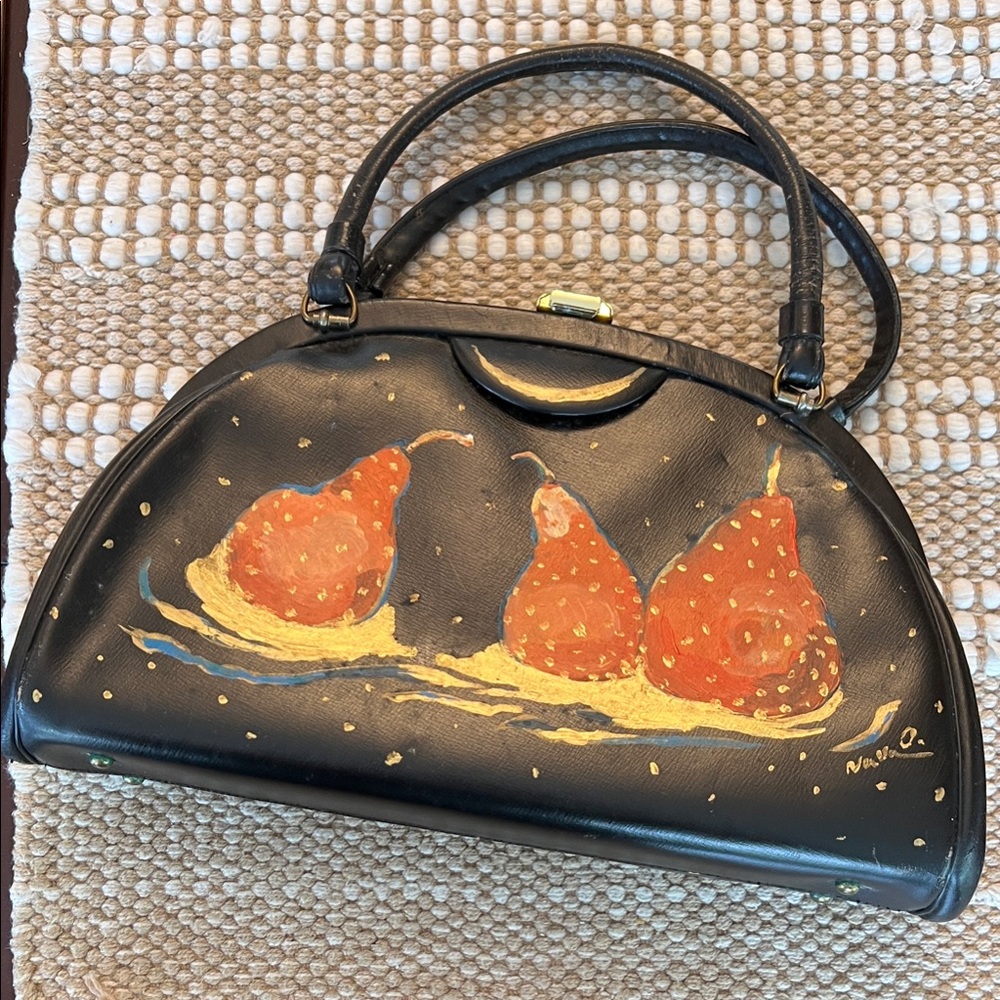Black Leather Top-Handle Vintage Satchel with Hand-Painted Pear Motif